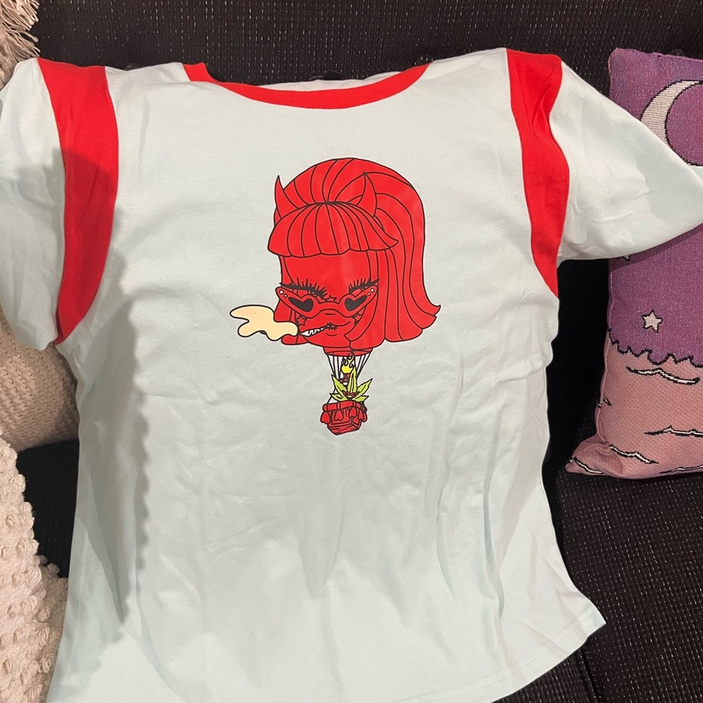 Brand new Valfrè size Large light blue & red Lucy Tee shirt.